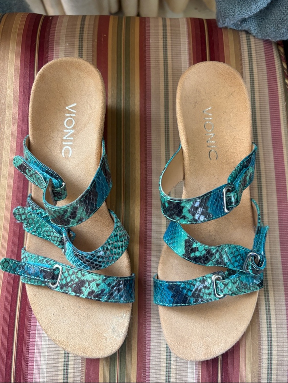 Vionic Teal Snake-Print Multi-Strap Slide Sandals